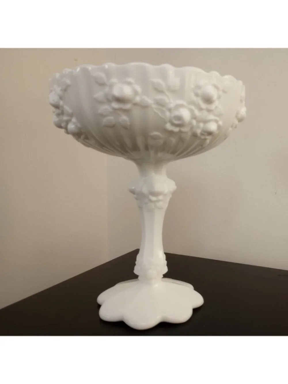 Fenton Milk Glass Scalloped Chalice Roses White Pedestal Candy Dish Vintage